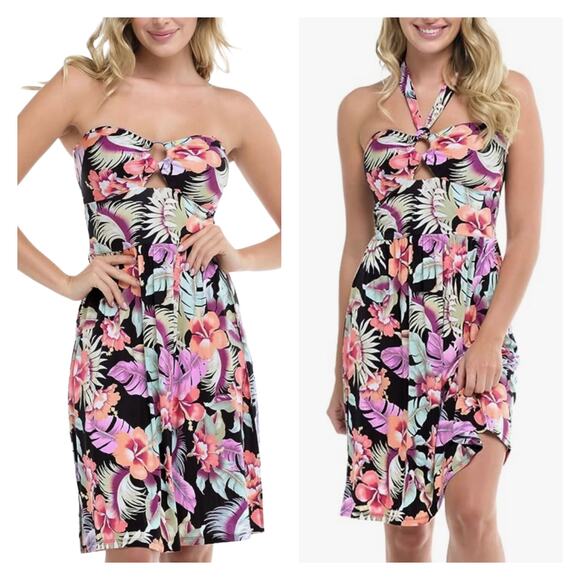 NWOT Skye Tropical Print Bandeau Dress with Built-in Cups Removable Neck Sash M - Picture 5 of 9